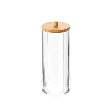 Imagem de Porta Algodão Disco Prático Tampa Bambu Acrílico Organizador Resistent
