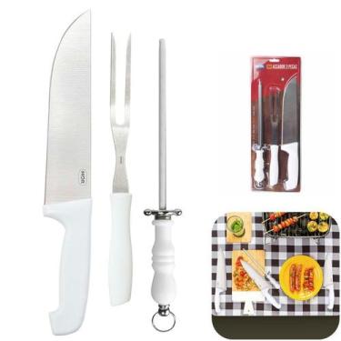 Imagem de Jogo De Faca Chaira Garfo 3 Pçs Inox Churrasco Cortar Carnes Premium -
