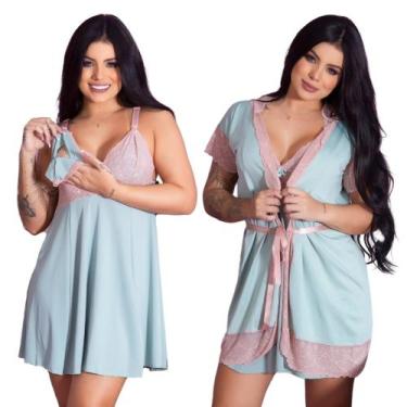 Imagem de Kit  Robe Roupão e Camisola Amamentação Com Renda Vestido de Dormir Pa