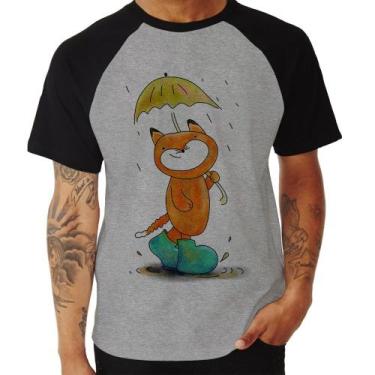 Imagem de Camiseta Raglan Raposa Fofinha Na Chuva - Foca na Moda, Cinza, Preto, 