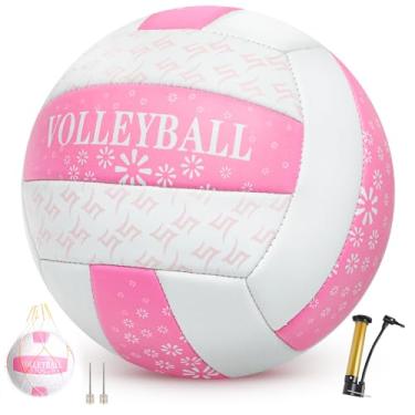 Imagem de Bola de vôlei rosa tamanho 5, bola de vôlei tamanho oficial com bomba para mulheres, meninas, homens, jovens, adolescentes e adultos, bola de vôlei macia para uso ao ar livre, interior, praia,