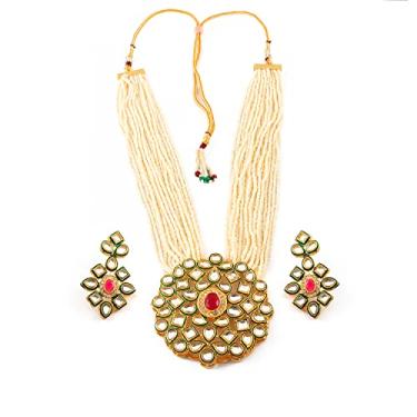 Imagem de Jewar Colar em camadas contas de cristal ônix banhado a ouro pérola polki anúncio Cz várias pedras tom dourado Meena trabalho com brincos combinando conjunto de joias longas para mulheres e meninas, Latão, Zircônia cúbica