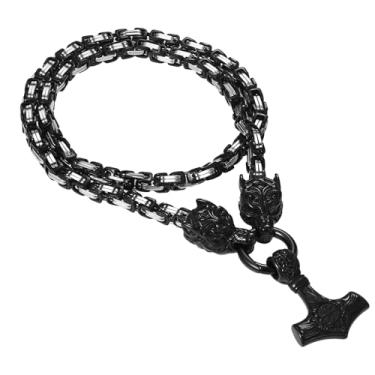 Imagem de OIDEA Colar viking de martelo de Thor para homens: pingente vintage viking de elmo de admiração Mjolnir com cabeça de lobo, corrente bizantina, joia de amuleto presente para homens e mulheres corrente