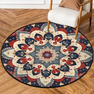 Imagem de Tapete redondo de 1,5 m para área interna, flor de mandala, ouro, antiderrapante, lavável, fácil de limpar, tapetes macios para casa de fazenda, sala de estar, quarto, berçário, sala de jantar