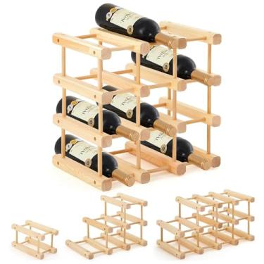 Imagem de Yuehuam Suporte de armazenamento modular empilhável de madeira com pinos naturais, montagem faça você mesmo suporte de garrafa de 4 níveis suporte de armário organizador de mesa de bancada