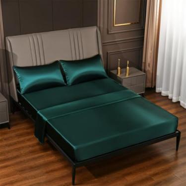 Imagem de ZiDeTang Conjunto de lençóis Queen 4 peças de cetim - respirável e refrescante, confortável, hotel, luxuoso, macio e sem rugas, cor verde escuro