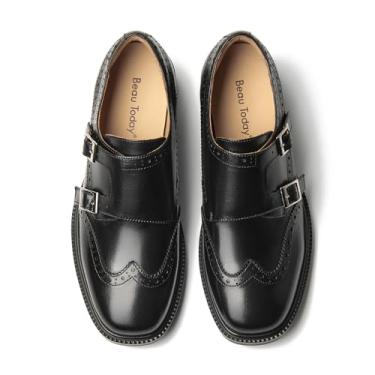 Imagem de Mocassins BEAU TODAY para mulheres, sapatos de couro Monk Strap Brogue para mulheres, sapatilhas confortáveis de bico quadrado, negócios