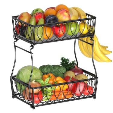 Imagem de XYZLVSI Tigela de pão cesta de frutas de bancada de 2 camadas para cozinha, cesta de arame de armazenamento de cebola de batata vegetal, 13,8 polegadas, preta