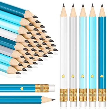 Imagem de 80 lápis de golfe com borracha de 2 HB, meio lápis, 10 cm, hexágono, pré-apontados, lápis de cor para noivas, casamento, sala de aula, chá de bebê, escola, escritório (cor cinza azul-petróleo)