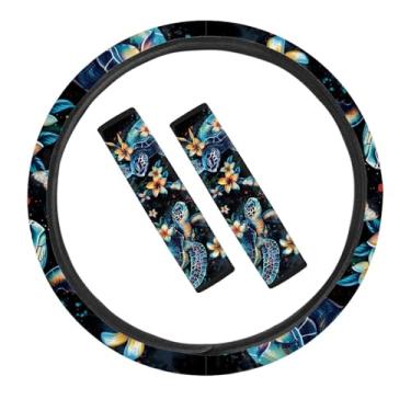 Imagem de FKELYI Capa de volante de carro tartaruga marinha para mulheres conjunto com 2 capas de cinto de segurança para automóvel capa universal para cintos de segurança serve para a maioria dos SUV Truck Van