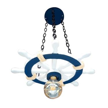 Imagem de Lustre Timão Bocal E-27 Pendente Rústico Víntage Veleiro Marina Casa De Praia Detalhe Sisal (Branco/Azul, P)