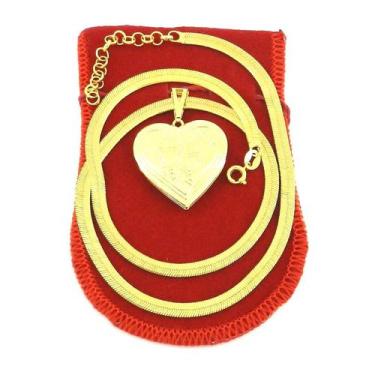 Imagem de Corrente Feminina 40/45cm 3mm Coração Relicário Folheado Ouro 18k CR56