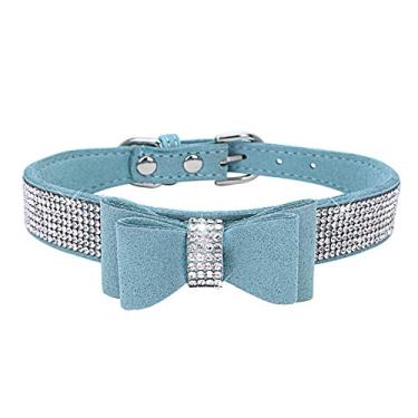 Imagem de Dog Kingdom 25,4 cm - 60,9 cm de comprimento fofo para cães de estimação veludo, coleira borboleta de cristal, colar de strass ajustável, azul, P
