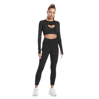 Imagem de Yajun 3 peças roupas de ioga stretch treino academia roupas legging levanta bumbum fitness manga longa + sutiã esportivo feminino agasalho, preto, G (busto: 88 cm)