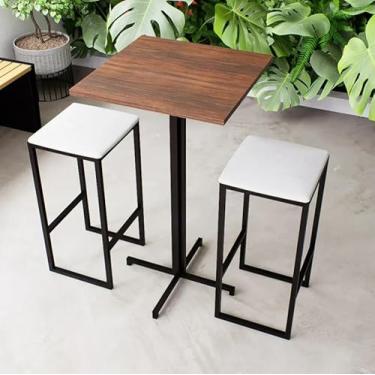 Imagem de Conjunto Mesa Alta Bar Bistrô Quadrada Imbuia 2 Bancos Estofado Industrial Black (Branco)