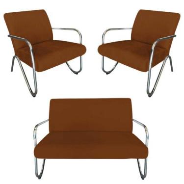 Imagem de Kit Namoradeira + 2 Poltronas Decorativa Bela Couro Marrom Braço Croma