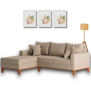 Imagem de  Sofá Beny com Chaise Esquerda, 2,00x1,40m, 3 Lugares, Linho, Base em Madeira.