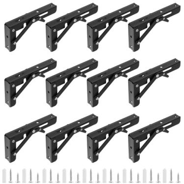 Imagem de SEHOI 12 peças de suportes de prateleira dobráveis de 15 cm, suporte de prateleira dobrável resistente preto com ferragens de montagem, dobradiça de mesa dobrável para banco de mesa