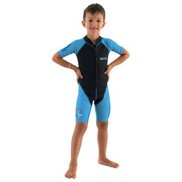 Imagem de Seac Dolphin, roupa de mergulho curta para crianças em neoprene de 1,5 mm e elastano para natação, mergulho com snorkel e brincar na água, 9 anos, azul/preto