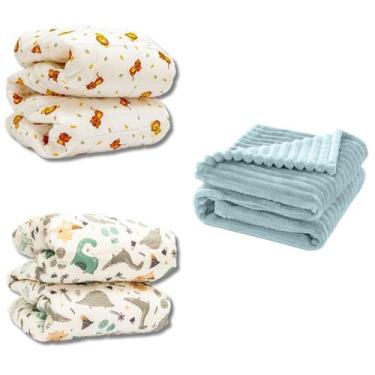 Imagem de Cobertor 3pçs Bebê Wave Berço Azul e Edredom Dino e Leão - Neném Na Nu