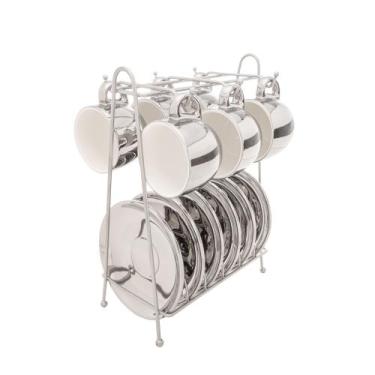 Imagem de CJ 6 XICARAS CAFE PORCELANA C/PIRES E SUPORTE VERSA BRANCO/PRATA 90ml 