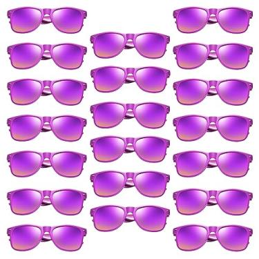 Imagem de Pibupibu Pacote com 20 óculos de sol roxos volumosos, lentes espelhadas retrô dos anos 80, conjunto de óculos de sol neon para mulheres e homens