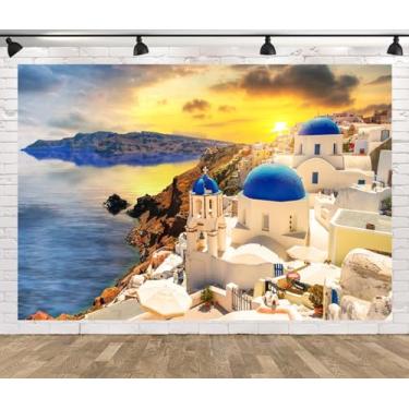Imagem de CORFOTO Pano de fundo da Grécia Pôr-do-sol 3 x 2,4 m Santorini Island Oia Village pano de fundo Grécia Mar Egeu para decoração de festa temática grega, decoração de aniversário Mamma Mia, adereços