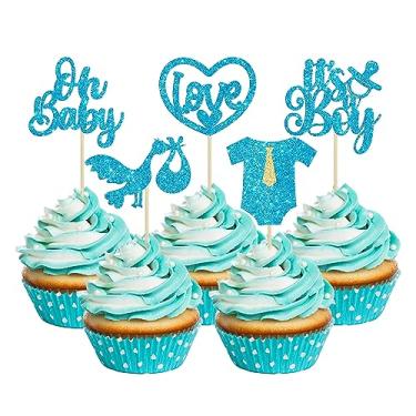Imagem de Gyufise 30Pcs Baby Shower Cupcake Toppers Glitter Tie Onesie Love Heart Oh Baby Cupcake Picks It's a Boy Cake Decorations for Baby Shower Gender Reveal Kids Boys Birthday Party Supplies Blue