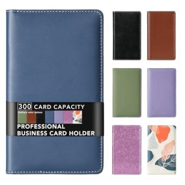 Imagem de DMFLY Porta-cartões de visita profissional de couro - Pasta de poliuretano premium com capacidade para 300 cartões com capa macia, fichário para cartões de crédito para homens/mulheres, azul escuro