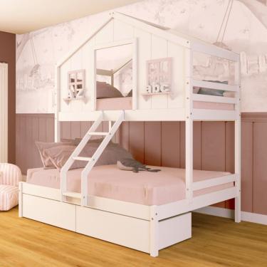 Imagem de Beliche Casal/ Solteiro Casinha dos Sonhos com 02 Gavetas Madeira Maciça Branco/ Rosa Megamobilia