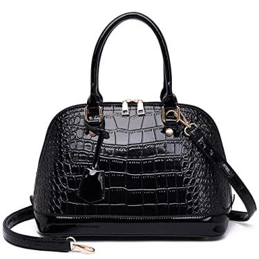 Imagem de Dayfine Bolsa feminina clássica com estampa de crocodilo em couro sintético, alça superior, bolsa com zíper, Preto, One Size