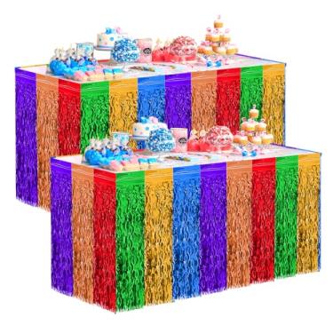 Imagem de Pacote com 2 saias de mesa com franjas metálicas Cinco de Mayo Fiesta 0,8 m x 2,7 m, design de tinsel ondulado colorido, decorações para noite de taco, aniversários, casamento, artigos de festa com