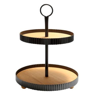 Imagem de Bandeja de madeira com duas camadas, bandeja de servir redonda decorativa rústica com alça de metal para casa, decoração de mesa de cozinha, cafeteria, decorações sazonais, exibição de frutas e