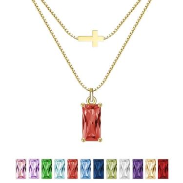 Imagem de SILANER Colar feminino com pedra do mês de nascimento de esmeralda banhado a ouro real 14 K, pingente de cruz delicada, pingente de zircônia cúbica, presente de aniversário para mulheres, joias, Latão