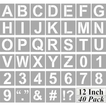 Imagem de Estêncil de letras e números do alfabeto 30,5 cm – Pacote com 40 modelos de estêncil de letras e números grandes com placas para pintura em madeira, estênceis de letras numéricas reutilizáveis para placas de quadro-negro e arte de parede de madeira
