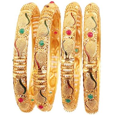 Imagem de Bracelete de joias em tom dourado Touchstone coleção indiana Bollywood Desejo lindamente esculpido Conch Shell inspirado em rubi esmeralda falsa designer espesso. Conjunto de 4. em tom dourado para mulheres Multicor