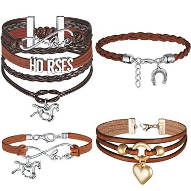 Imagem de Bonuci 4 pulseiras de compromisso de distância combinando com infinito, pulseira de ferradura para casal, pulseira de cavalo ajustável, pulseira equestre com cavalos para amigos, casal, família,