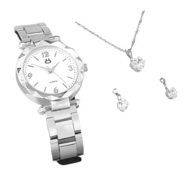 Imagem de Kit Feminino Relogio Prata Luxo Exclusividade Colar Prata Brincos Strass Caixa Premium Presente Elegante Sofisticado Charme Beleza Qualidade Unica