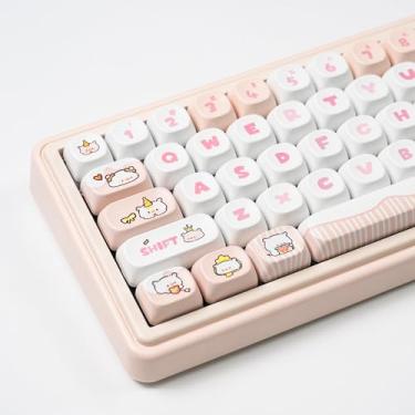 Imagem de Sumgsn Teclas redondas com perfil Moa, 143 teclas Pbt conjunto de teclas fofas com puxador de teclas para teclado mecânico Cherry MX Switches (porco rosa)