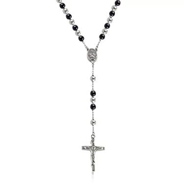 Imagem de Savlano Colar de cruz de rosário com contas de aço inoxidável – 6 mm cruz crucifixo colar rosário corrente para mulheres e homens, joias religiosas vêm em prata, ouro, rosa, preto com uma caixa de presente, Aço inoxidável, Sem Pedra Preciosa