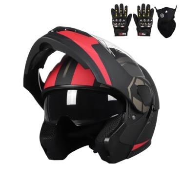 Imagem de helmelkin Capacete Integral Para Motocicleta, Adulto, Motocross, Atv, Masculino E Feminino, Off-Road, Montanha, Aprovado Pela Dot, Com Luvas Máscara (Preto, Vermelho, Tamanho G)