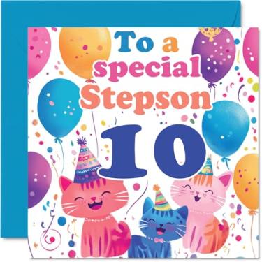 Imagem de Cartão de aniversário 10th Step Son - Cute Cats Special Step Son - Cartão de feliz aniversário de 10 anos de madrasta da madrasta, 145 mm x 145 mm, 10 e dez cartões comemorativos para enteado