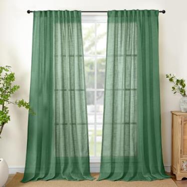 Imagem de YoungsTex Cortinas semitransparentes de linho verde 203 cm de comprimento para sala de estar, 2 painéis, tratamentos de janela com filtragem de luz, textura rústica, com aba traseira de bolso para