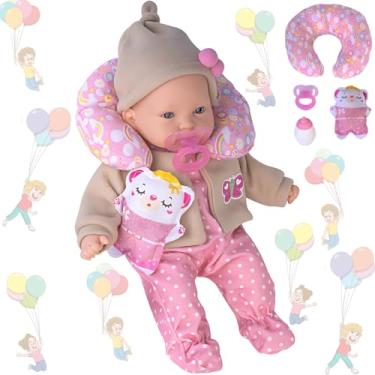 Imagem de Boneca Menina Fiorella com Roupas e Acessórios Almofada de Pescoço e Mamadeira Design Original, Corpo em Tecido Macio, Rosa e Bege