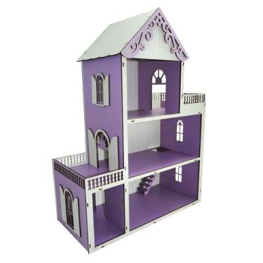 Imagem de Casa Para Boneca Polly Pintada Violeta e Branco Trabalhado 60x45x20 Md
