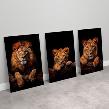 Imagem de Quadro decorativo trio família de leão com 1 filhote - MeMoldura, Chas