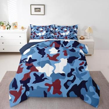 Imagem de Erosebridal Conjunto de edredom de camuflagem de pato, tamanho casal, para crianças, caça, fazenda, acampamento, vintage, azul marinho, decoração de quarto, pato selvagem, animal rústico, conjunto de
