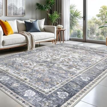 Imagem de KUTA Tapetes de área cinza azul 20 x 25 cm para sala de estar, tapete grande lavável para quarto 2,4 m x 3 m, antiderrapante, ultrafino, macio, estampado, vintage, floral, envelhecido, sala de jantar