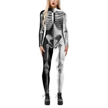 Imagem de FEOYA Fantasia feminina de esqueleto, fantasia de festa de Halloween, estampa de caveira, macacão assustador, Estilo 07, GG