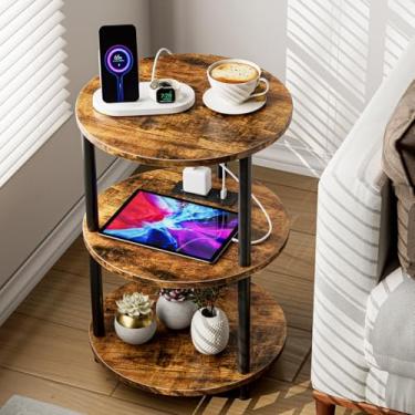 Imagem de XBurmo Mesa de canto redonda pequena – mesa de destaque com design de 3 camadas, suporte lateral estreito ou de cabeceira, mesa vintage industrial para espaços pequenos, portas USB e tomada embutidas